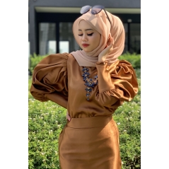 Adior Satin Silk Bunga Medina Blouse - Golden Brown